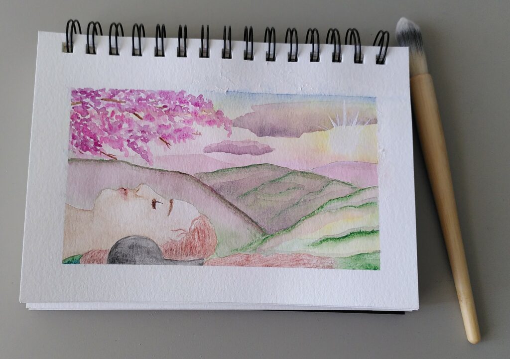 Aquarelle représentant une personne allongée avec un casque sur les oreilles, paysage paisible en fond.