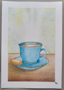 Représentation d'une tasse de thé fumante avec un biscuit