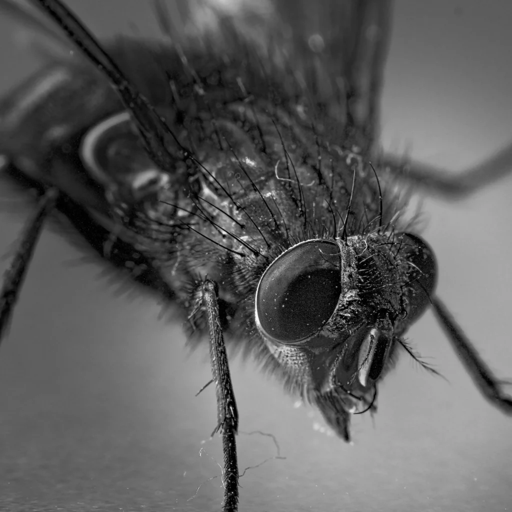 Photo en noir et blanc, macro d’une mouche.