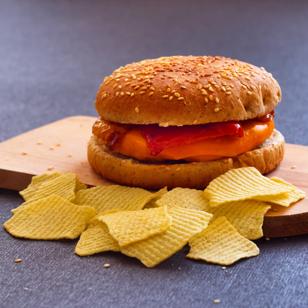 Photo d’un burger avec des poivrons sur de vromage fondu sur un steak végétal entouré de chips. Présenté sur une planche de bois sur une nappe grise.