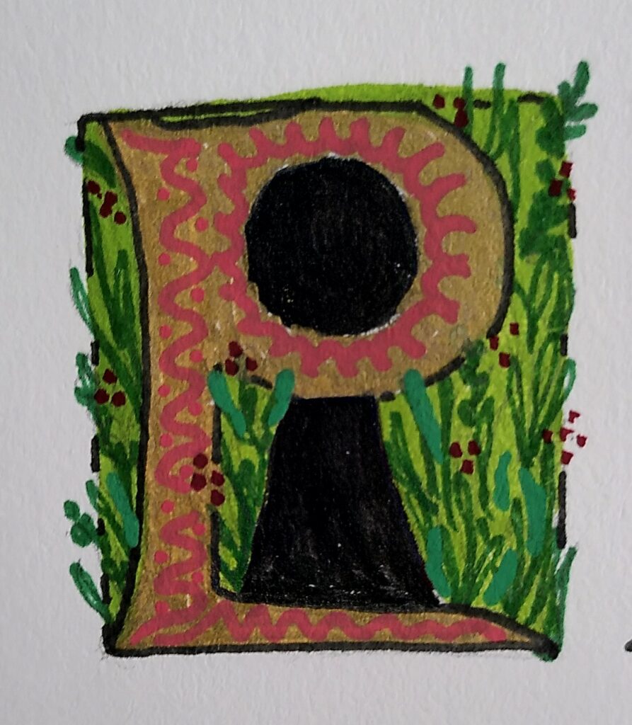 La lettre "P" dessinée en enluminure. Le P est doré avec des motifs rouges. Le vide dans la lettre représente la partie haute d'une serrure en fond. Le reste est un décor végétal.
