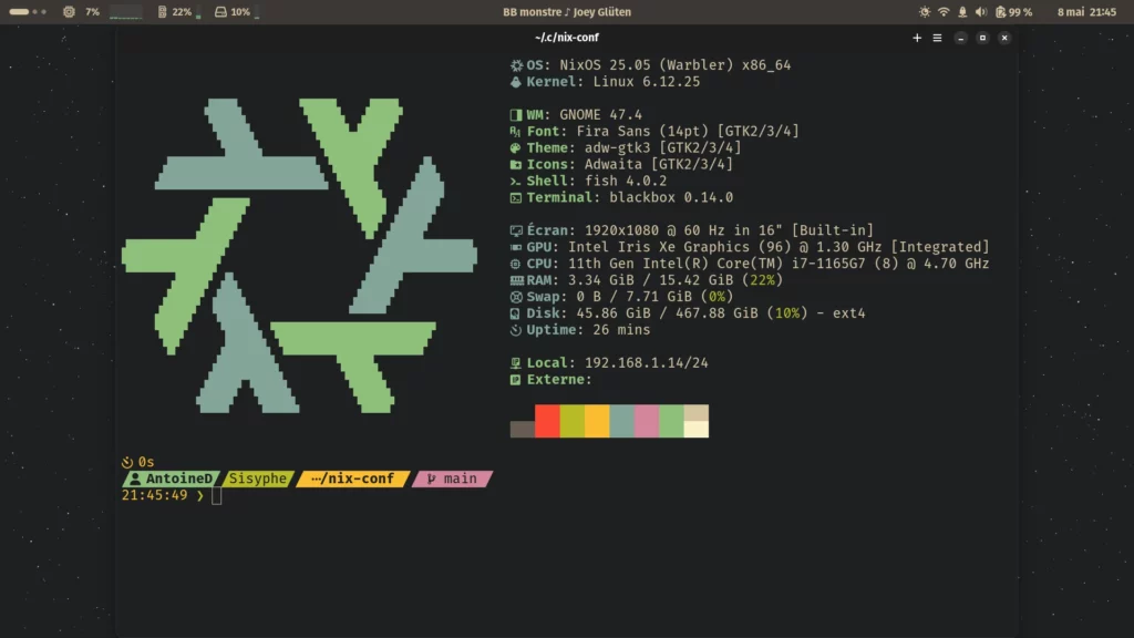 Screenshot d’un GNOME avec un terminal ouvert sur un fastfetch qui annonce qu’on est sous NixOS