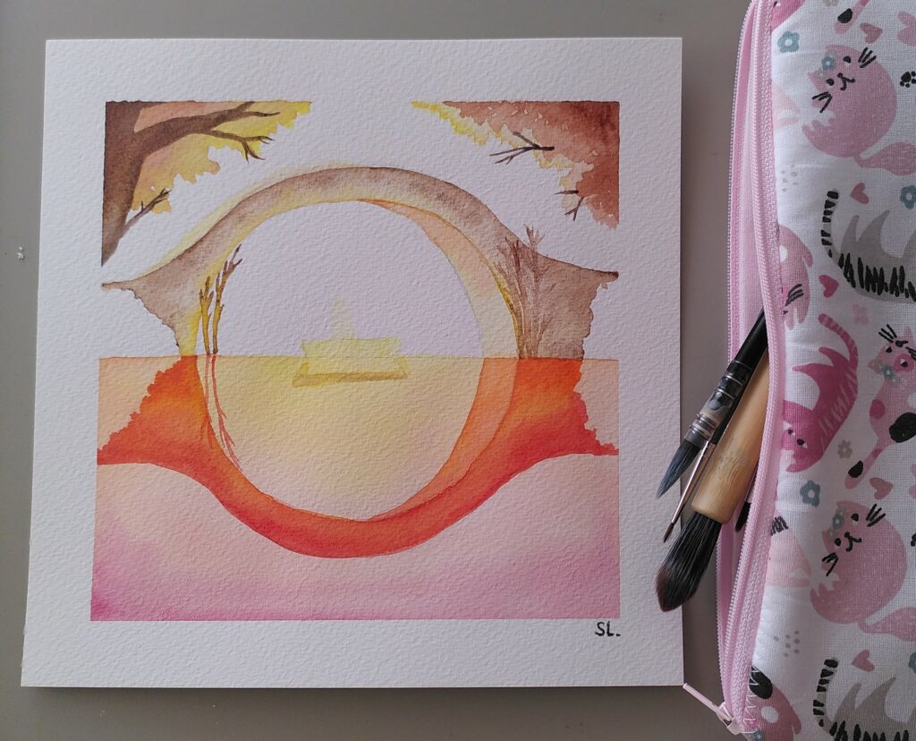 Aquarelle représentant un pont se reflétant sur l'eau avec une lumière intense en fond. La palette de couleurs est chaude.