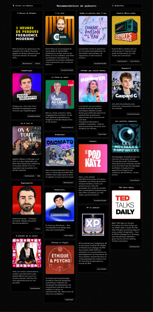 Screeshot de la webapp, qui liste en voue Masonery tous les podcasts recomandé par les artistes du BàB.