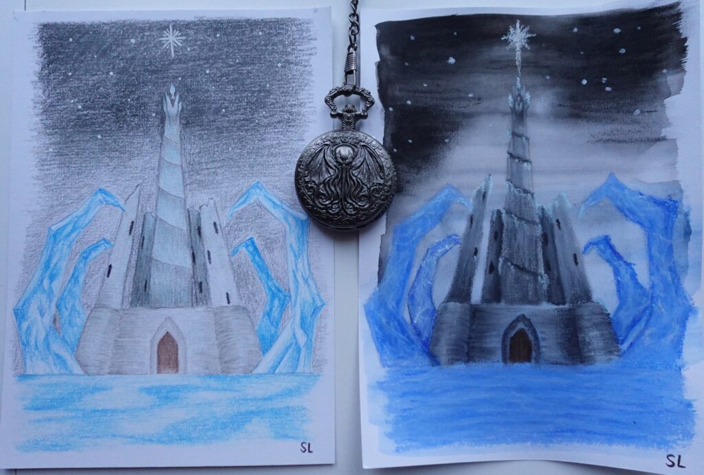 Deux illustrations cote à cote, représentant le même paysage d'un château en contre-plongée piégé dans des griffes de glace. Au centre, au-dessus de la tour la plus haute, l'étoile polaire brille dans la nuit.