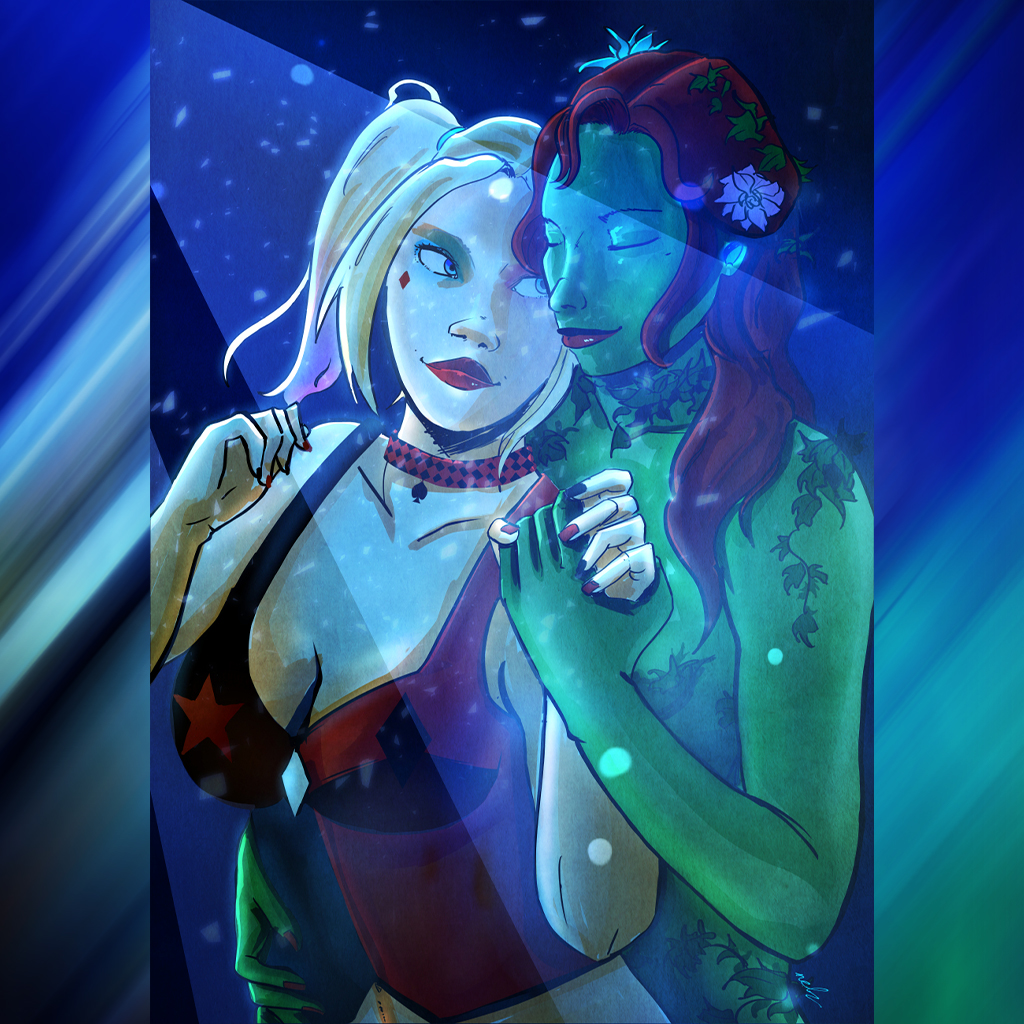 Illustration de Poison Ivy et Harley Quinn partageant un moment de tendresse, ambiance bleutée et lumineuse, style encrage et couleurs peintes.