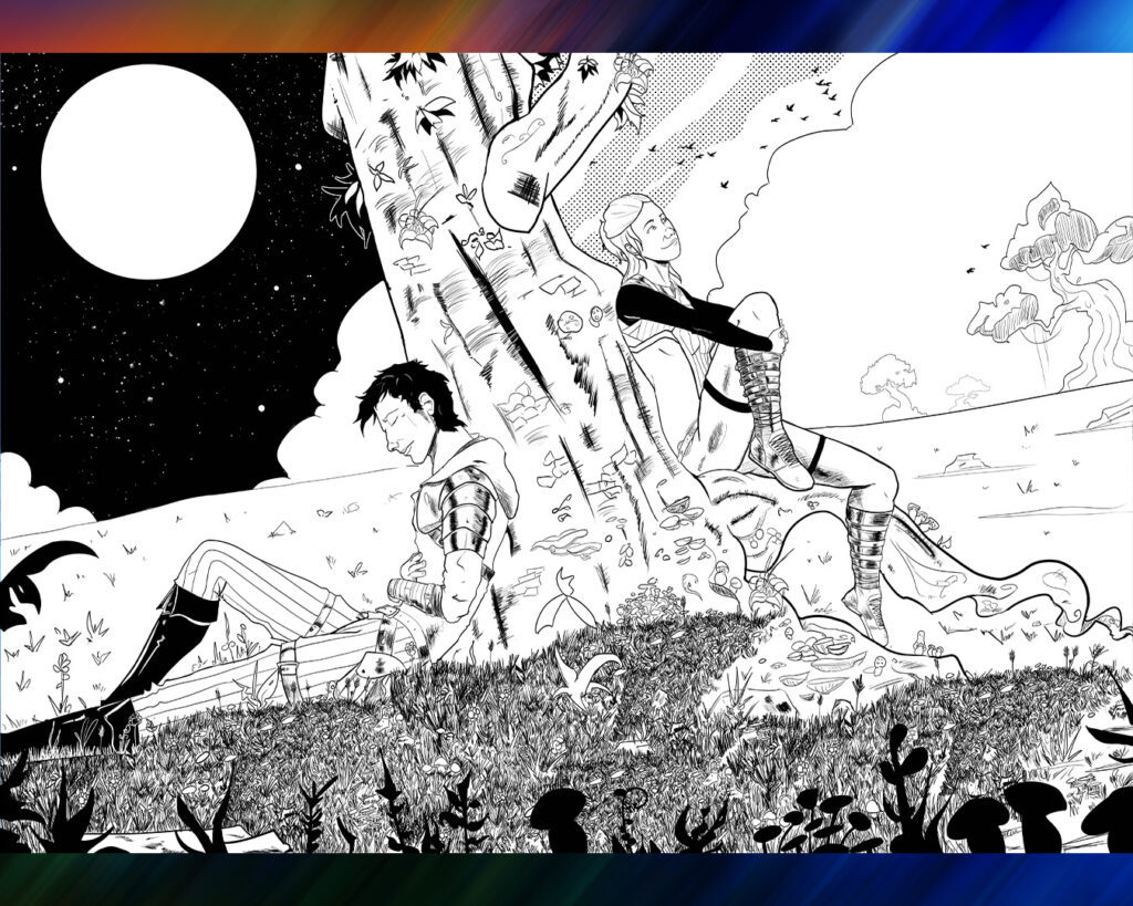 Lineart noir et blanc d’un homme et d’une femme dos à dos au pied d’un arbre, avec une lune et un paysage scindé entre nuit et jour.