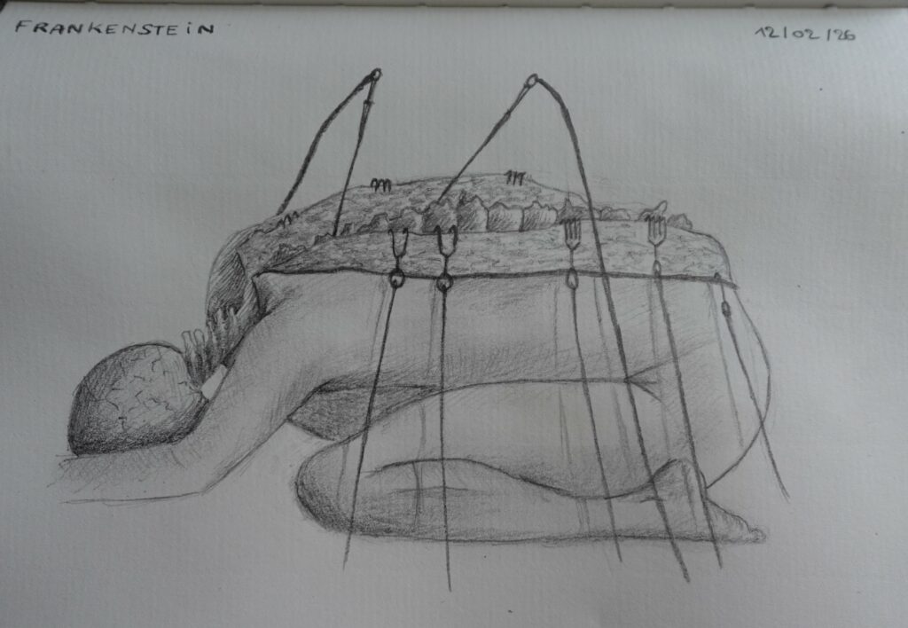 Humain (mort) en position fœtale. Des crochets lui maintiennent la colonne vertébrale exposée et des sondes s'enfoncent dans sa moelle épinière.