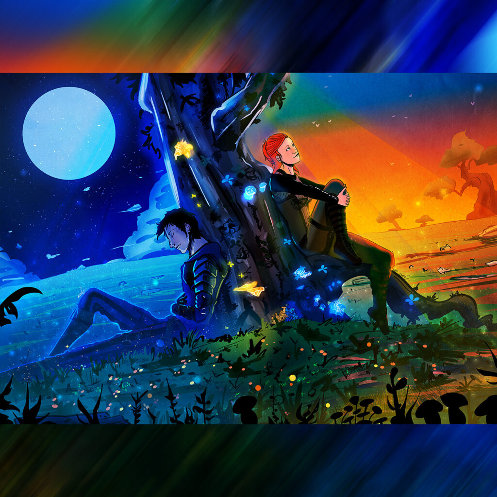 Illustration d’un homme et d’une femme dos à dos au pied d’un arbre, séparés entre une nuit bleue avec lune et un coucher de soleil orangé, entourés de papillons lumineux.