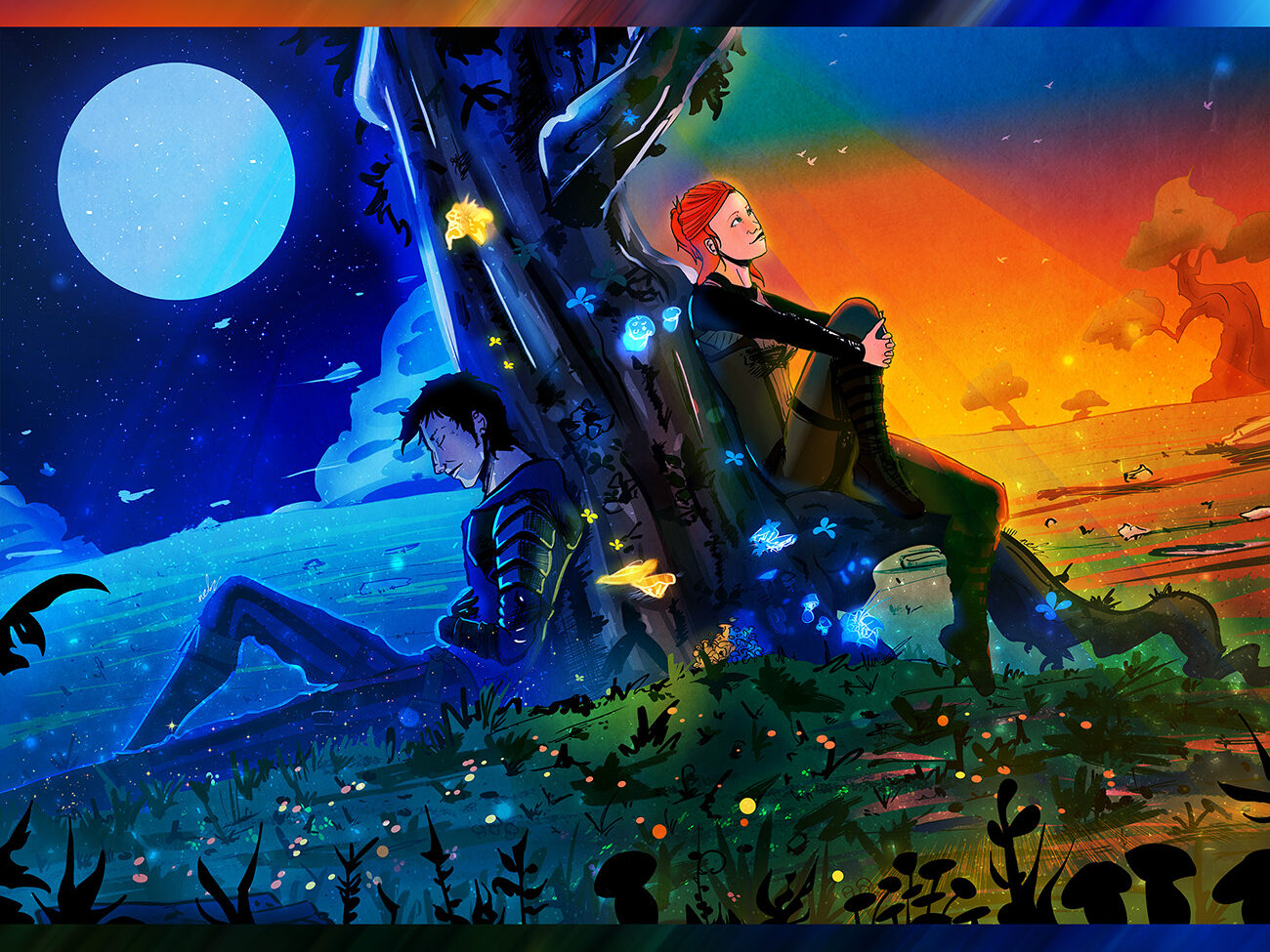 Illustration d’un homme et d’une femme dos à dos au pied d’un arbre, séparés entre une nuit bleue avec lune et un coucher de soleil orangé, entourés de papillons lumineux.